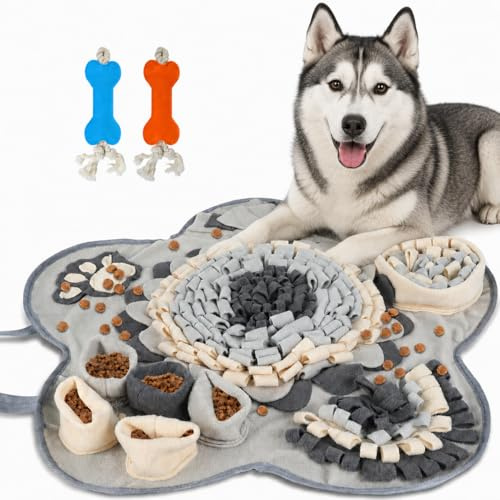 Schnüffelmatte für Hunde, Interaktive Slow-Feeder-Matte mit 2 Knochen-Spielzeugen, Nasenarbeit und Futterspielzeug für Welpen, 60 x 60 cm, Grau