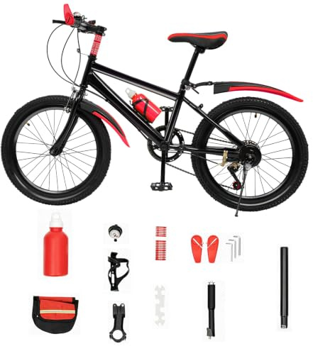 Guoked Bicicletta da bambino da montagna da 20 pollici, in acciaio al carbonio, capacità di carico di 75 kg, colore rosso, 7 velocità, altezza regolabile, con borsa di stoccaggio, per bambini a