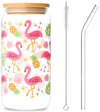 Dermalyx 500 ml Bicchiere Flamingo In Vetro Con Cannuccia Per Feste Estive, Contenitore Decorativo Per Giardino E Spiaggia, Regalo Per Amanti Della Stagione Calda, Calice