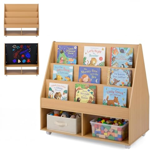 COSTWAY Libreria Montessoriana per Bambini, Scaffale per Giocattoli in Legno con Lavagna e 5 Ruote, Libreria a 3 Ripiani e Scomparti, per Cameretta e Asilo Nido, 90 x 45,5 x 87 cm (Naturale)