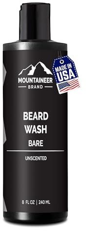 Mountaineer Brand Beard Wash For Men | 100% Natural Beard Shampoo | Thick Cleaning Softening Lather for Hair and Skin | Hydrate and Detangle | Grooming Treatment | Bare Unscented 8oz
