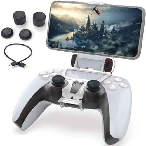 Megadream für PS5 Controller Phone Mount Clip, Handyhalter für PlayStation 5 Dual Controller Clip-Halterung, Inklusive OTG-Kabel, 4 Daumengriffkappen, Typ C Konverter
