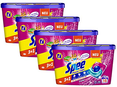 Spee Power Caps Color 3+1, Colorwaschmittel, 64 (4 x 16) Waschladungen, Reinheit, Strahlkraft und Frische für deine Buntwäsche zum schlauen Preis, 20-60°