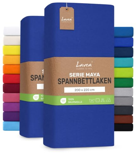 Lavea® Förpackning med 2 Bäddlakan 200x220 cm – 100% Bomull Mjukt och Andningsbart – för Tjocka Madrasser Upp till 35 cm – Jersey med Resår Runt Om – Kunglig Blå