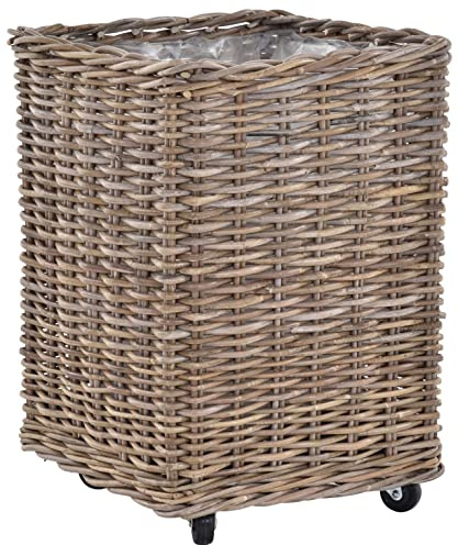 Korb-Outlet Pflanzkorb Rattan grau groß Pflanzkübel Blumentopf mit Rollen Rollkorb Rattankorb (Säule quadratisch)