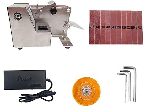 Toplionace Mini Ponceuse à Bande Abrasive AC 100-240V avec 10 Bandes Abrasives, Polisseuse électrique Domestique, Ponceuse de Bureau, Affûteuse de Couteaux à Angle Fixe