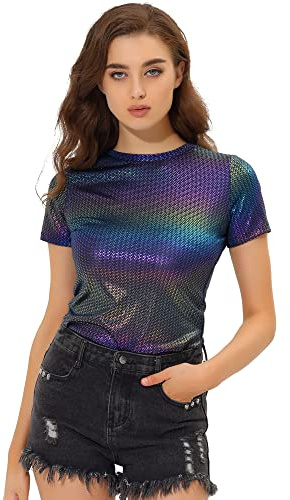 Allegra K Dam kortärmad rund hals metallisk topp blus t-shirt, Mörkblå, S