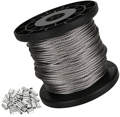MIVIDE 50M 2mm Wire Rope, 304 Stainless Steel Wire Cable with Aluminum Crimping Loop, Metal Cable for Garden Climbing Plants, Picture Hanging,Clothes Line,Fishing
