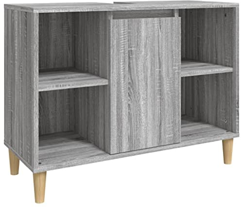 vidaXL Meuble d'Évier, Armoire de Lavabo avec 5 Compartiments et Porte, Meuble sous Lavabo avec Pieds Salle de Bain, Scandinave, Sonoma Gris Bois d'Ingénierie