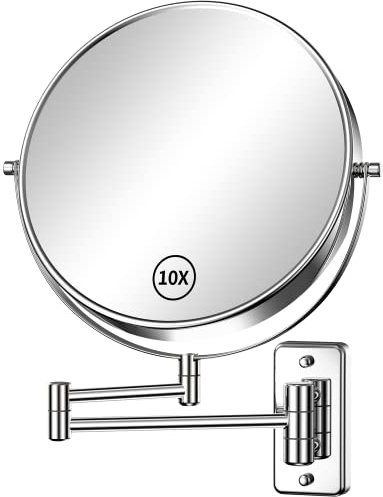 Gospire 9 Large Size Wall Mounted Makeup Mirror with 1X/10X Magnification, Double-Sided 360° Swivel, Chrome Polished Extendable Shaving Bathroom Wall Mirror for Men and Women