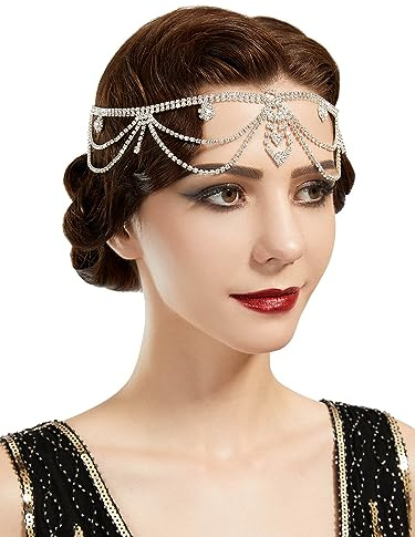 SWEETV Roaring 20s Crystal Rhinestone Head Chain Jewelry Silver Headpiece Hair Accessories for Women