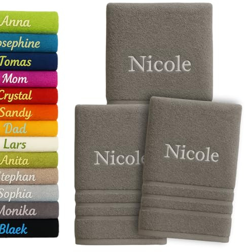 3er Pack Personalisiertes Handtuch und Badetuch mit Namen, Schön gestickter Name Handbadetuch 100 % Baumwollhandtuch 2x (50 x 100 cm) + 1x (140 x 70 cm) Personalized Custom Towel with Name (Grau)