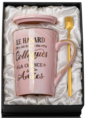 Cadeau Collegue de Travail Femme, Cadeau Départ Collègue Femme, 400ml Tasse | 14oz Rose Céramique Marbré Tasse Collegue de Travail avec Cuillère, Couvercle, Carte, Boîte Cadeaux, Coffret Cadeaux Élégant