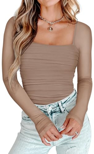 PINKMSTYLE Mesh Square Neck Long Sleeve Shapewear Bodysuit for Women Sexy Date Night Outfit, Clubwear Going Out Tops Khaki