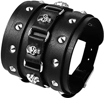 Flongo Bracelet Manchette Cuir Homme,Bracelet de Force Style Gothique Punk Rock,Bracelet Tête de Mort Homme avec Rivet et Bouton,Bracelet Motard Biker Large,Cadeau pour Homme