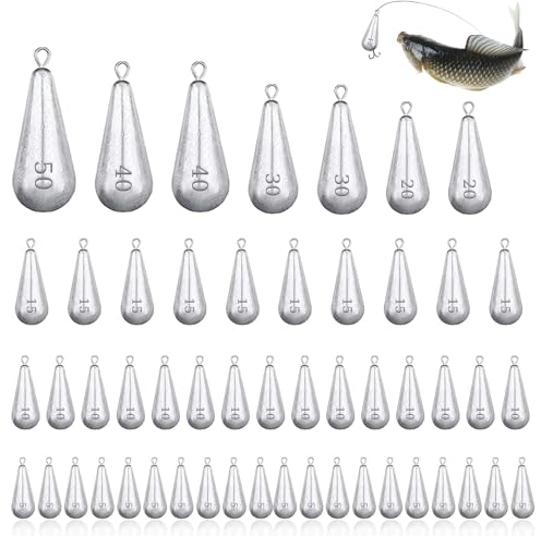RYAN 52 Stücke Blei Angeln Angelgewichte Angeln Drop Shot Dropshot Blei Drop Shot Stabblei 5g/10g/15g/20g/30g/40g/50g Angeln Sinker Angelzubehör Set Gewichte 7 Spezifikationen Tropfenform