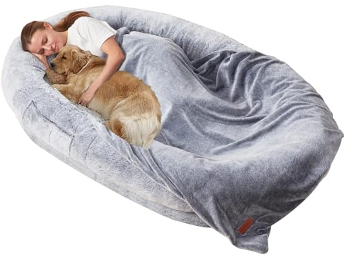 PPGE Home Erwachsene Riesenhundbett für Menschen Menschliches Hundebett Große Katzenbetten für Indoor Katzen und Welpen Waschbares Kunstfell(Size:190×120×30cm,Color:Hellgrau + Decke)