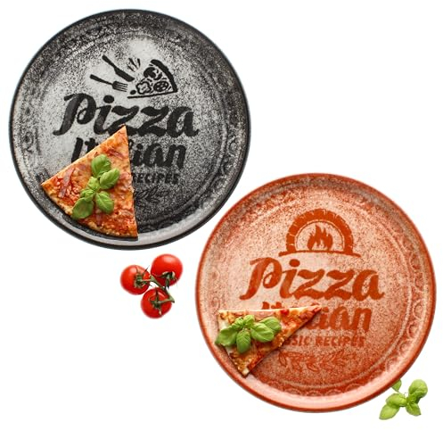 MamboCat Set di 2 piatti per pizza, rosso e nero, Ø 31 cm, per 2 persone, grandi piatti per pizza in porcellana con decorazione e scritta I per pizze o per creare, piatti da portata XL