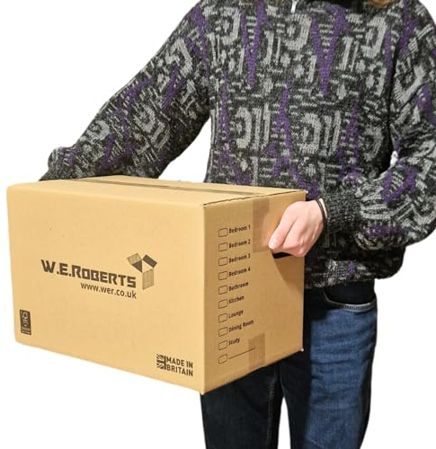 W.E. Roberts Moving Boxes 5 STRONG Cardboard House Moving packing boxes for moving house - Removal Packing boxes Large Cardboard Boxes with handholes and Room List