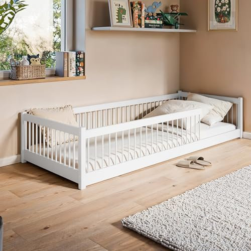 Kids Collective Kinderbett Bodenbett 90x200 cm Bett mit Rausfallschutz & Lattenrost Montessori Bett Bed Gitterbett Kinder Jugendbett Einzelbett optional mit Matratze | von 4. bis 18. Lebensjahr
