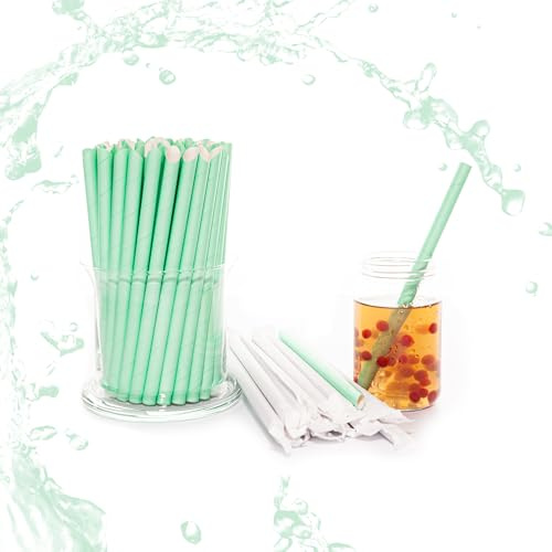 Bunte Papierstrohhalme - Hochwertiger& stabiler Papiertrinkhalm 100% biologisch abbaubar, Mint, Ø 12 mm, 230 mm [100 Stück]