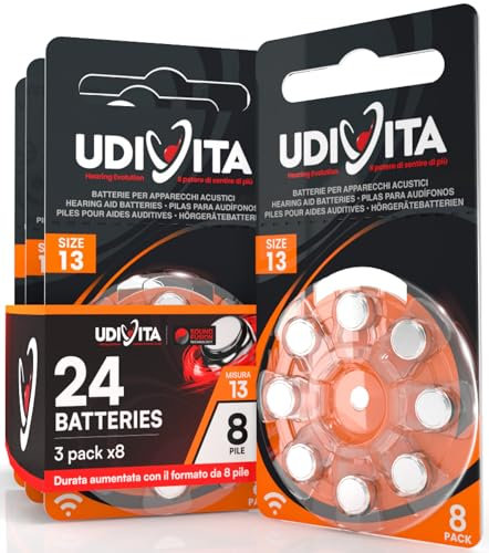 24 Pilas para Audífonos Tamaño 13 Udivita PR48 (Naranja) Zinc-Aire Hearing Evolution - 3 blísteres de 8 Pilas