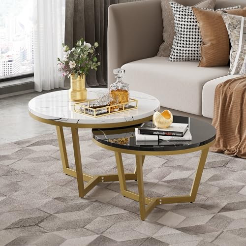 SogesHome Satztisch 2er Set Couchtisch Eleganter Runder Stapelbarer Kaffeetisch Sofatisch in Marmoroptik Goldenes Metallgestell, Beistelltische Satztische fürs Wohnzimmer, Durchmesser 70 cm / 50 cm