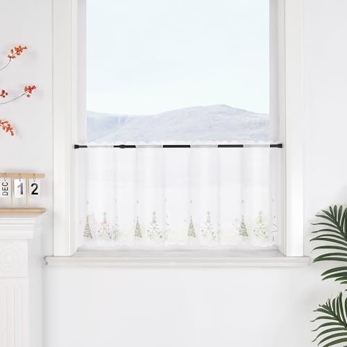 SCHOAL Scheibengardine mit Lochleiste Bistrogardine mit Stickerei Scheibenvorhang mit Weihnachtsbaum Transparent Vorhang Voile Kurzgardine Weihnachten 1 Stück HxB 45x90 Weiß