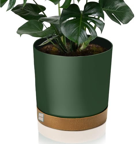 EDANTI Blumentopf mit Untersatzer Dekorativer Topf Kunststoff Pflanzkübel Rund Blumenkübel Gartentopf (Grün, 39 cm)