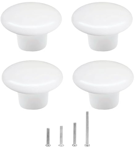 4 Pièces Bouton de Meuble en Céramique Ronde 32mm - Boutons de Portes pour Placards - Poignee De Meuble Cuisine avec 4 Tailles de Vis, Blanc