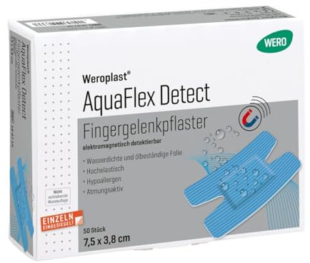 Weroplast AquaFlex Detect Fingergelenkpflaster 7,5 x 3,8 cm, 50 Stk/Pkg | wasserfest & elastisch, mit Aluminiumstreifen, einzeln verpackt