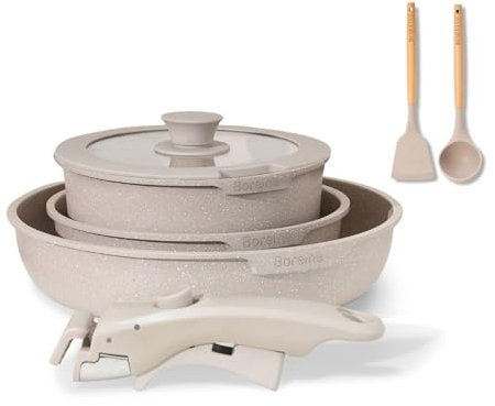 BOREINE Batterie de Cuisine 7 Pce, Lot Casserole et Poele avec Poignee Amovible et Couvercle, Revêtement Antiadhésif en Granit sans PFOA, Compatible Tous Feux (Induction, Vitrocéramique, Gaz) - Marron