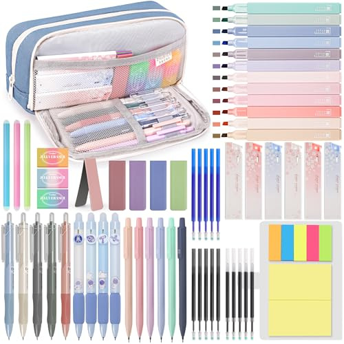 DazSpirit 61 Pezzi di Forniture Scolastiche con Astucci, 12 Evidenziatori Pastello, 4 Penna Gel Cancellabile, 5 Penne a Gel, 6 Portamine, Set di Cancelleria per Studenti, Appunti e Diario (Blu)