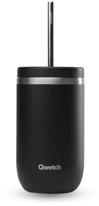 QWETCH – Vaso Térmico Cold Cup 470ml con Pajita Inox Negro – 24h Bebidas Heladas – Acero Inox Reciclado – Antisalpicaduras – Ideal para Café Frío, Bubble Tea y Agua Saborizada