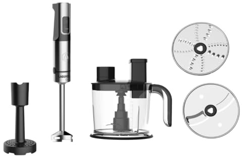 Mixeur plongeant | 1200 W, 15 vitesses + turbo, Coupe légumes 1500ml, Acier inoxydable, Noir et argent