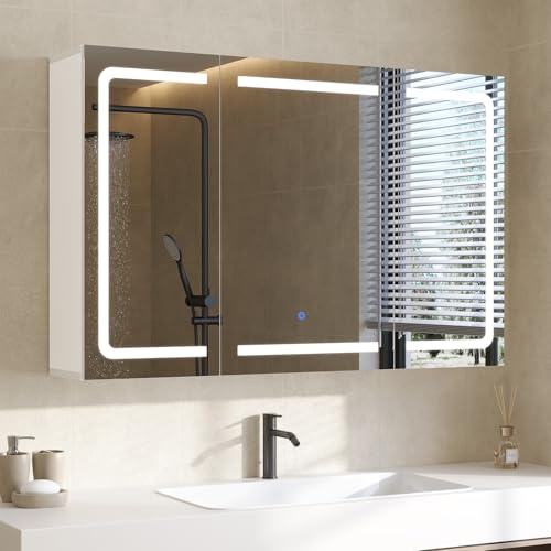 DICTAC Armoire de Toilette Miroir avec éclairage LED et Prise Armoire Murale de Bain avec 3 Portes Miroir et Étagère Réglable,Meuble Salle de Bain avec Rangement Peu encombrante,90x60x16cm,Blanc