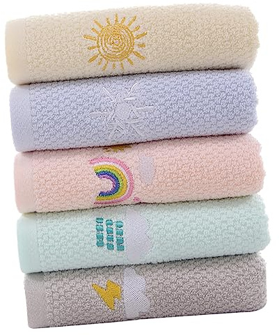 WEKADRIN Cotton Boys and Girls Washcloths 5pcs Set Absorbent Face Towels Soft Pure Cotton Hand Towels for Children