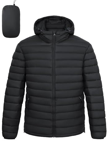 LZACTOIN-X Men's Puffer Jacket with Hood Packable Lightweight High Collar Insulated Water-Resistant Winter Jackets Puffy Coat Black X-Large