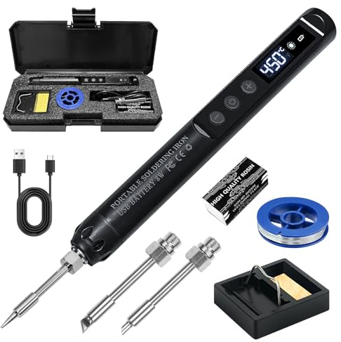 PORFOYO Juego de soldador con batería, 3 puntas de soldadura, soporte de soldador, kit de soldadura de 200 ℃-450 ℃ con interruptor de encendido/apagado LCD, temperatura ajustable, Negro