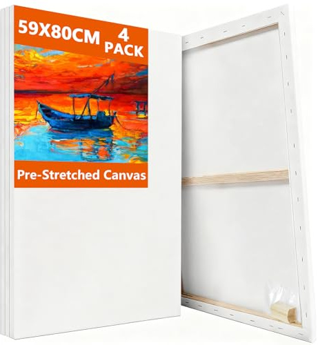 Koncci Leinwand zum Bemalen 59x80cm, 4 Stück Keilrahmen Große Keilrahmen | 280g/m² Dreifach Grundiert Baumwolle Leinwand, Leinwände für Acrylfarbe, Aquarell, Öl, Gouache