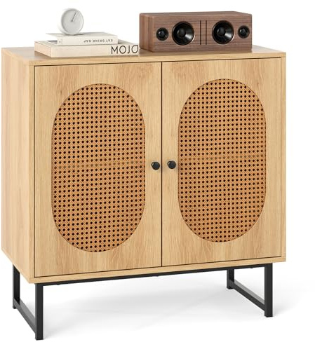COSTWAY Sideboard mit 2 Rattantüren, Küchenschrank aus Holz, Buffetschrank mit verstellbaren Regalen & Metallbeinen, Kommode für Küche, Esszimmer, Wohnzimmer, 80 x 40 x 81,5 cm, Natur