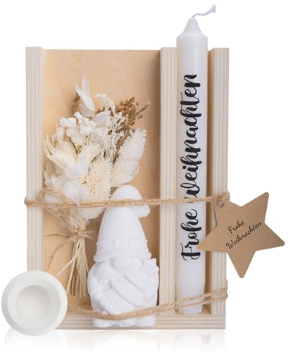 KKSJK, Kerzen Geschenkset Weihnachten mit Holztablett, Kerzenhalter, Wichtel und Trockenblumen, Frohe Weihnachten Geschenke, Weihnachts Geschenk für Freunde, Weihnachtsdeko Innen