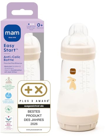 MAM Easy Start Anti-Colic Babyflasche 260 ml, 0+ Monate, Gr. 1, Hase | Selbst-sterilisierend in der Mikrowelle in 3 Min, Anti-Kolik-Bodenventil, brustähnlicher SkinSoft Sauger, ab Geburt