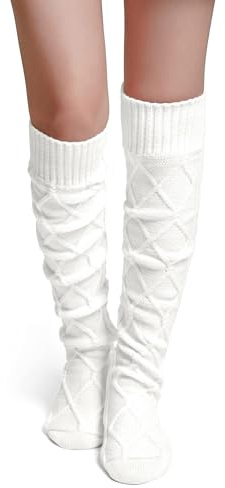 Becotal Calze da donna spesse al ginocchio, calze sopra il ginocchio, calze morbide con motivo a treccia, bianco, Taglia unica