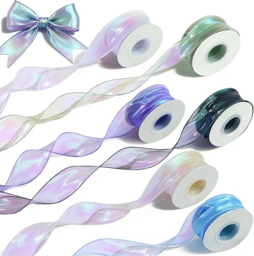 Cinta de Organza 4 cm x 9 m, Pack de 6 Rollos Cinta Regalo, para Regalos, Manualidades, Bodas, Árbol de Navidad, Lazos y Decoración DIY