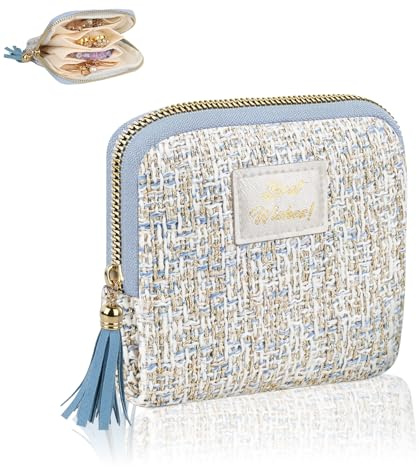 Pochette Bijoux Petite Trousse Rangement Boucle d'Oreille en Tissu Sachets Boite a Bijoux Voyage Avec 5 Compartiments Étui Organisateur pour Bagues Bracelets Collier Femme Cadeau 13*12*2,5cm(BL-Blanc)