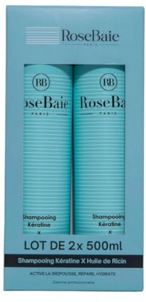 ROSEBAIE | Duo Shampoing Huile de Ricin et Kératine | Sans Sulfates | Pousse et Hydratation | Format économique 500ml x2