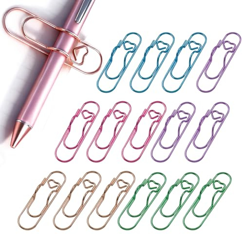 Waziaqoc 15 Pack Colorful Metal Pen Clips, Pen Holder for Notebook Heart Paper Clips, Paper Clip Pen Holder for Journal, Planner, School Office Supplies （5 Colours）