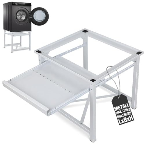 Untergestell für Waschmaschine Trockner mit Ablage - aus Stahl - 60x56x52 cm - bis 150kg - Stabil Waschmaschinesockel Erhöhung Sockel Podest zum Kühlschrank Trockner, mit Rutschfesten