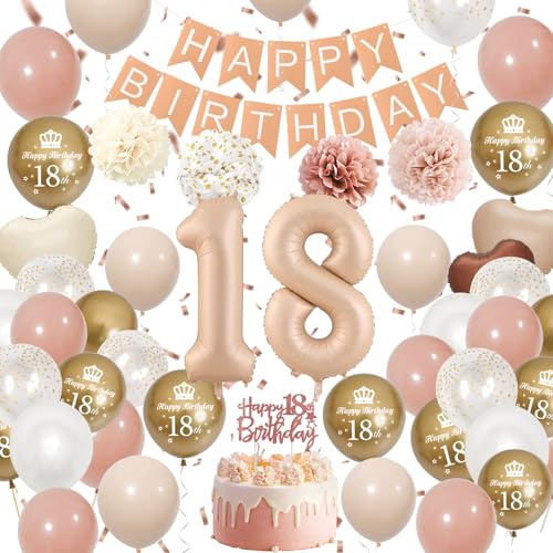 18. Geburtstag Deko für Mädchen, Retro Rosa Gold | Zahl 18 Folienballon, Herzballons, Happy Birthday Banner, Tortenstecker, Papierpompons